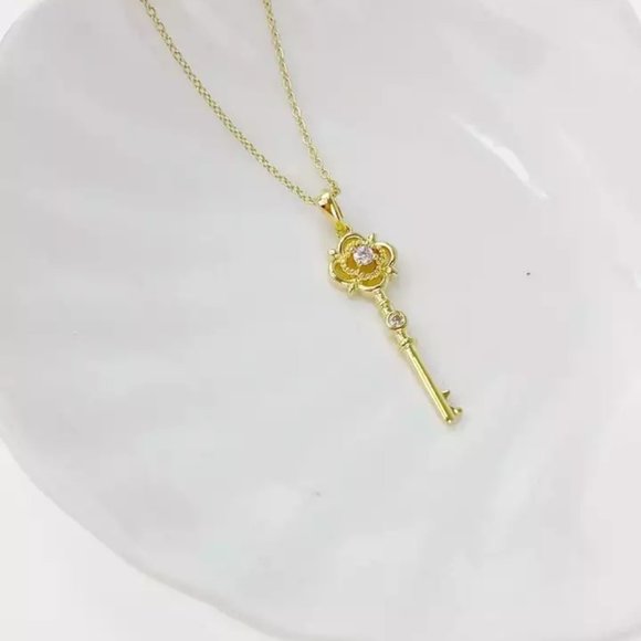 18k Gold Lab Diamond Key Necklace Italy Sterling Silver - Picture 2 of 13